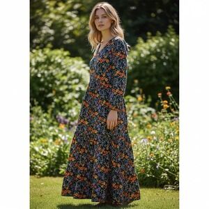 SweetSalt Maxi Dress Women's Small Black Multi Floral Tiered Pockets Long Sleeve